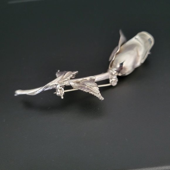 Silver Tone Womens 3D Rose Brooch Pin Leaves Thorns Signed Lee 3 in Length - Picture 3 of 8